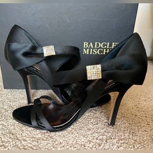 Badgley Mischka Sophia high heel sandal size 8, in black satin.